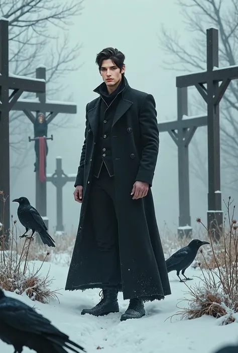 A guy in a black coat with beautiful, even features. His body is slightly pumped up. He is in a place where there are many different crosses, and there are also crows. There is snow outside and everything looks very beautiful. the guy has pale skin and a b...