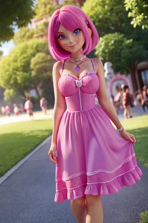 Perfect face. Perfect hands. A pink haired woman with violet eyes and an hourglass figure in a pretty summer dress is smiling while walking in the park