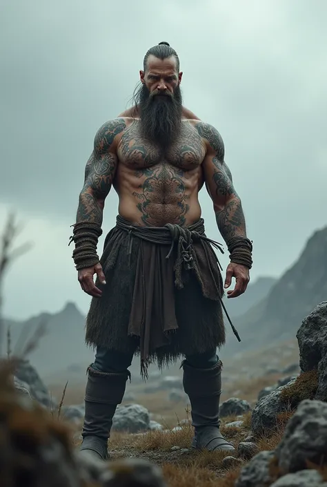 a man dressed like a Viking, muscular, shirtless, long beard, hair back, runic tattoos all over his body. He is standing on a Nordic battlefield.