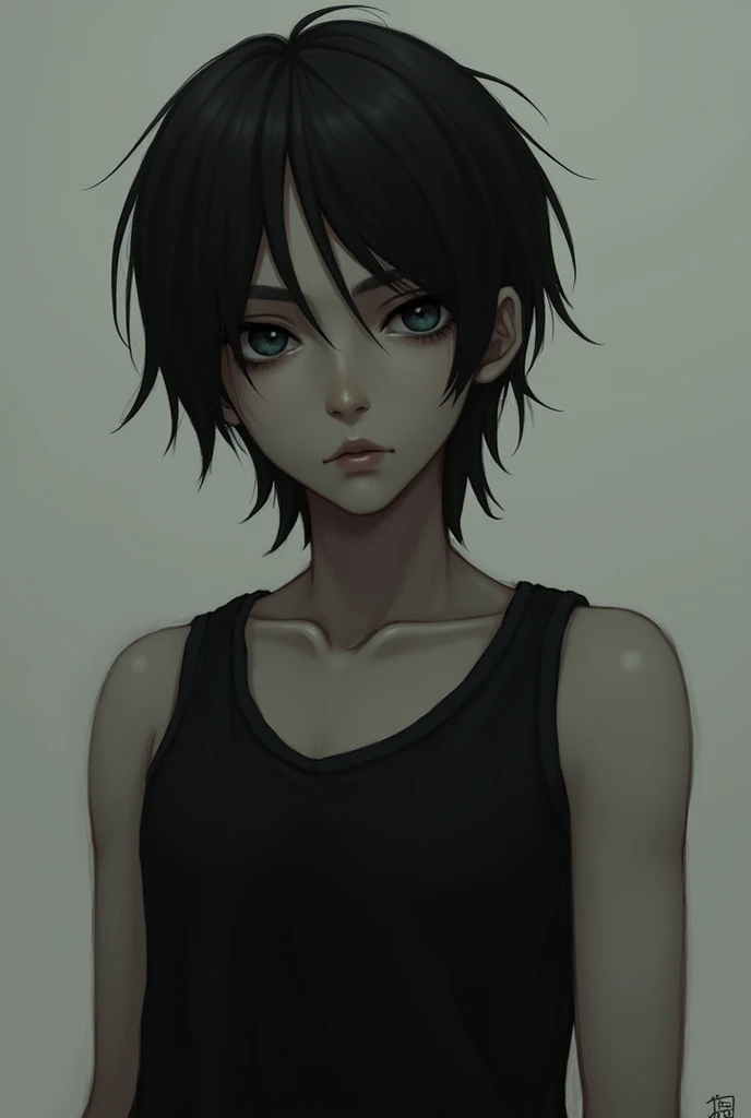 Boy with long black hair and black tank top 