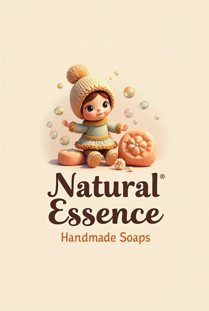 Make me a logo with a slogan about handmade soaps that is animated like a little doll and the only thing missing is for you to create the name of the slogan because the logo is called natural essence but in English the one you put is pretty but add the nam...