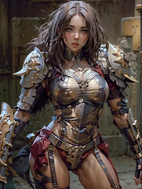 muscular female, warrior class, lingerie, pale white skin, cute facial, detailed facial features, intricate lingerie armor, dyna...