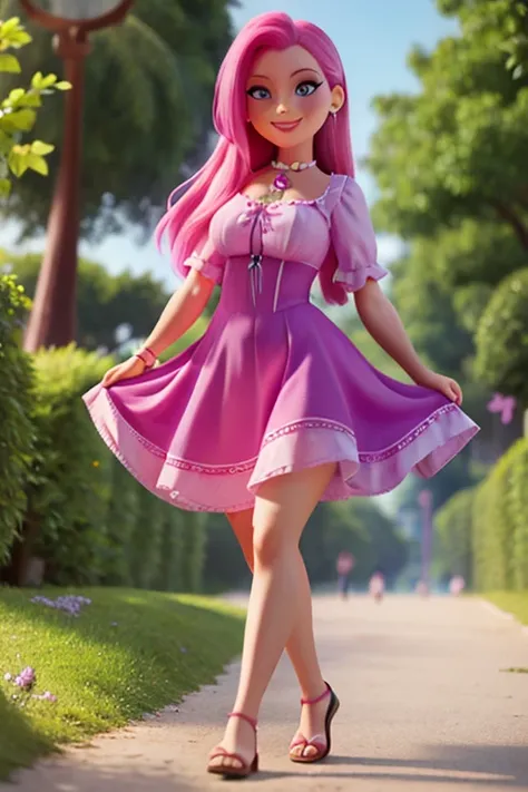 Perfect face. Perfect hands. A pink haired woman with violet eyes and an hourglass figure in a pretty summer dress is smiling while walking in the park