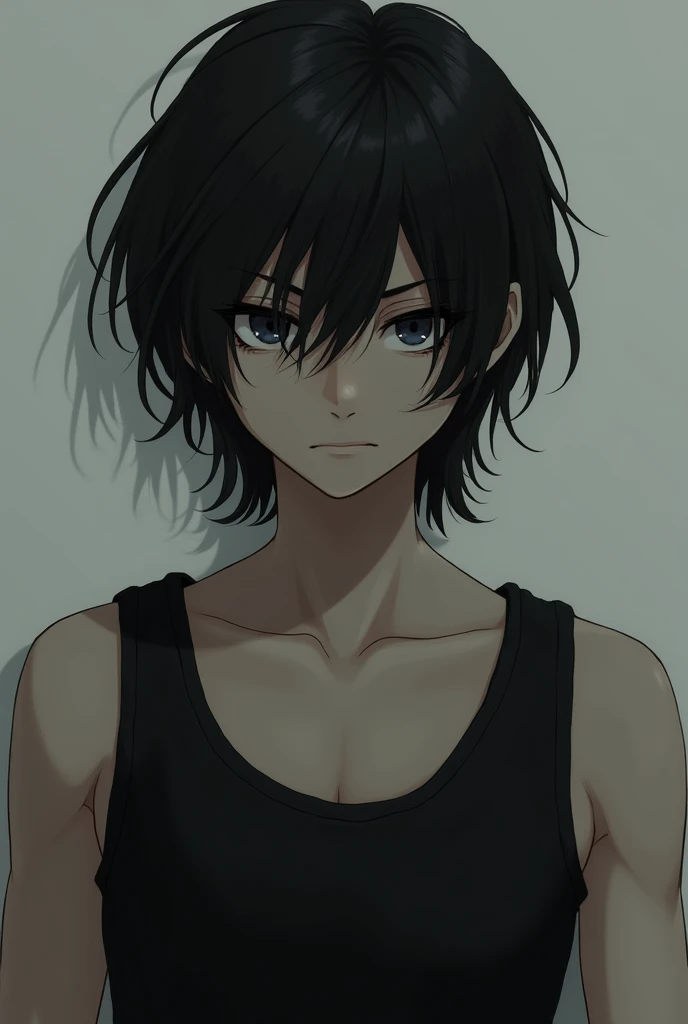 Boy with long black hair and black tank top 