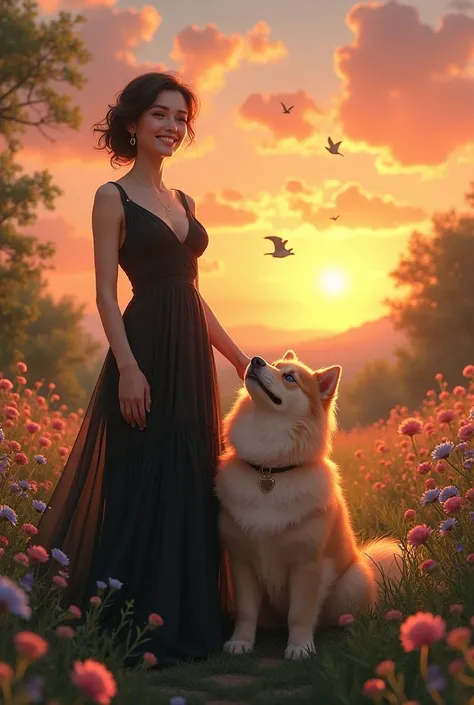 A beautiful lady with a Pomeranian dog  in the garden .. lots of beautiful flowers around here ... During sunset ... Clouds between sunset.... Birds...and max quality..... wearing black dress.. and thin necklace standing with her playing......happy.... Ful...