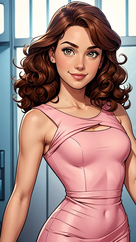 1girl, solo, elegant pink pencil dress, brown hair, curly hair, hazel eyes, round face, Comic style, small smile