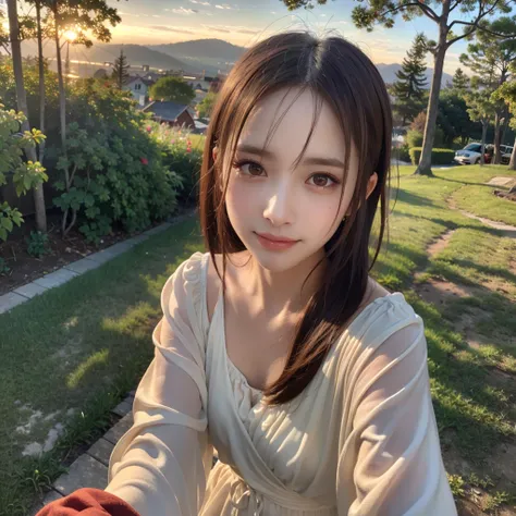 a beautiful woman in her 25s taking a selfie while gazing at the sunset, (best quality,4k,8k,highres,masterpiece:1.2),ultra-detailed,(realistic,photorealistic,photo-realistic:1.37),extremely detailed face, beautiful detailed eyes, beautiful detailed lips, ...