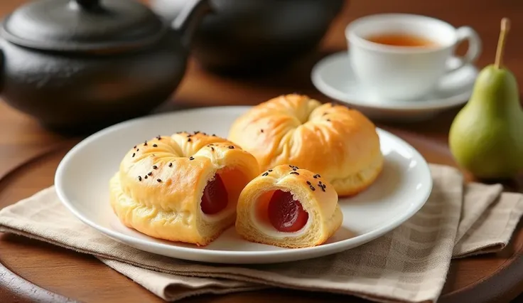 a white ceramic plate，Two golden bell-shaped pastries are placed on a plate，These pastries have a round shape and thin layers of puff pastry.，The surface is slightly cracked，And garnished with some small black sesame seeds。One of them is cut lengthwise to ...