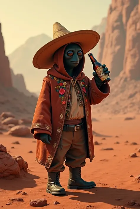 Make a picture of a Jawa dressed as a charro drinking beer on Mars