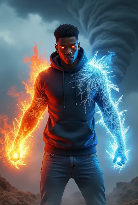 A black -american lad , clad in a black and red modern style hoodie,and blue jeans,with red glowing eyes and fire burning from his clenched fist all the way up to his  left shoulder, on the right side, sharp crystal of frost ice covering him all the way up...