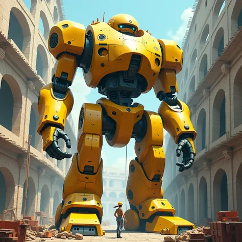 A giant yellow robot being built in a coliseum, You see a small woman on a scaffold who is building the robbery, You can see scaffolding and machinery used to build the giant robot larger than a building, the robot is not finished, missing pieces.. vivid c...