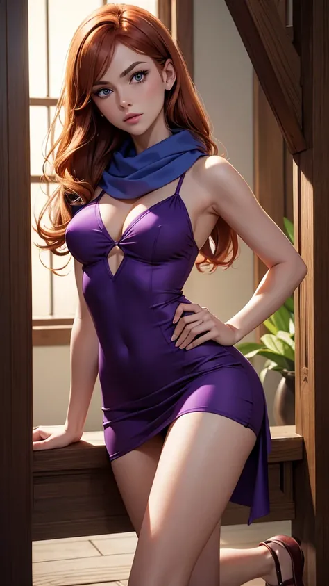 Daphne Blake with Scooby Doo, beautiful and delicate sexy woman, joven, ginger hair, ojos color violeta, short dress purple, scarf green, skinny body, small and beautiful breasts, small and beautiful buttocks, purple shoes, sensual, mysterious, sinister ba...