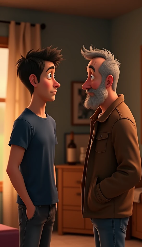 A pixar style of a sad young husband wearing navy blue t-shirt talking to his father who is wearing brown jacket at home 