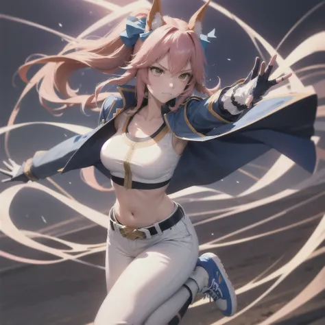 masterpiece, best quality, close up, face shot,
tamamo cross (umamusume),
navel, midriff, crop top, fingerless gloves, blue footwear, belt, blue jacket, white pants, white gloves, sneakers, collarbone,
running, light trail, glowing eyes, thunder storm, glo...