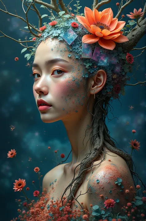 beautiful girl&#39;s artistic photo, Indonesian face, abstract face, cut-up cube, floral background, galaxy dimension, aurora sitting in dimension, tree roots that are one with the body, natural appearance, phenomenal appearance, aesthetic, ultra super HD ...