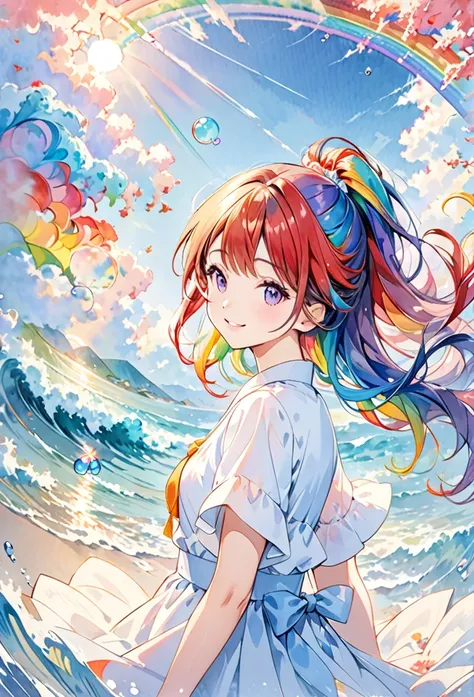 (masterpiece, Top quality, best quality, watercolor (Moderate), Official Art, beautiful and aesthetic: 1.2), (1 girl: 1.3), (Fractal Art: 1.3), morning, Good morning, Smile, sunny, hapiness, Viewer, pattern, Waves, (Rainbow Hair, rich and colorful Hair: 1....