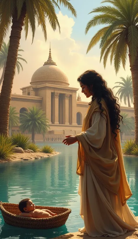 The image shows Asiyah, a graceful woman with a compassionate expression, standing by the Nile River. In front of her, there is a floating basket with a baby (Musa) inside. Asiyah is smiling gently, showing her affection for the baby. In the background, th...