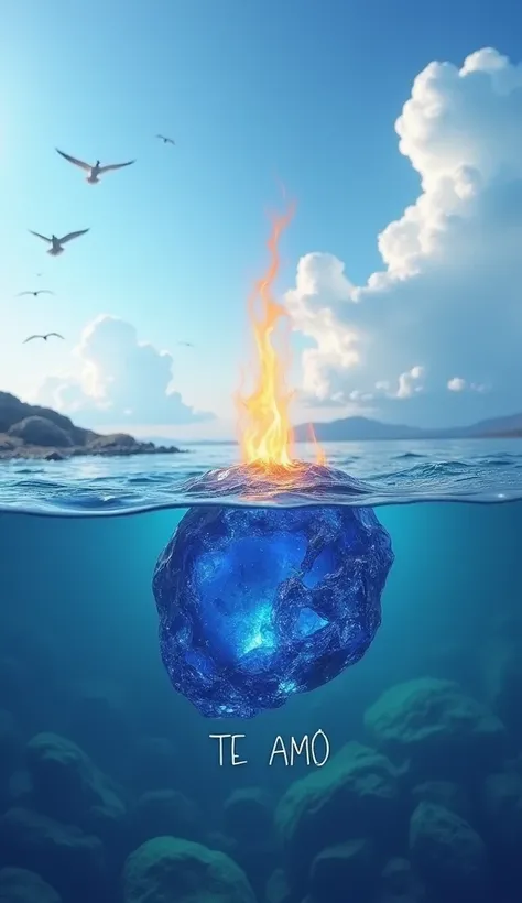 A highly detailed, ultra-realistic scene of a flame emerging from a sapphire that lies on the riverbed of a crystal-clear river. The sapphire rests at the bottom, with the flame burning gently from it, despite being underwater. The river flows slowly, with...