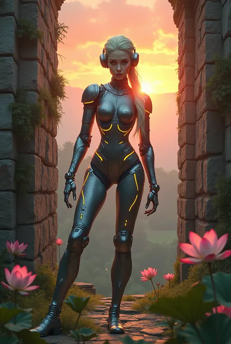 (best quality,4k,8k,highres,masterpiece:1.2),ultra-detailed,realistic:1.37,a beautiful cyborg girl standing in the ruins of the Inca Empire,Insertion,metallic body,glowing cybernetics,graceful facial features,mysterious eyes,cybernetic enhancements,etherea...