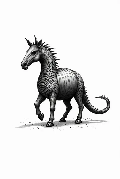 A horse with an armadillo and a snake mixed together In black and white drawing 