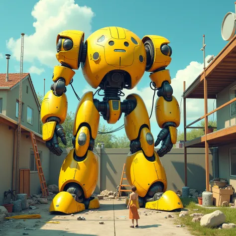 An unfinished broken robot, Yellow giant being built by a woman in the backyard of a house, It has cables, scaffolding and unfinished pieces. You can see a small woman on a scaffold who is building the robbery., You can see scaffolding and machinery used t...