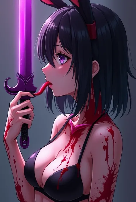 profile of busty anime girl covered in blood, black hair, black bunny ears, purple eyes, tongue out, seductively licking the shaft of a purple dagger with the tip of her tongue like its a cock, micro bikini with huge breasts, realistic, looking at viewer, 