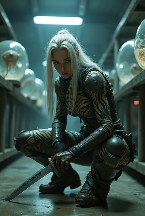 A female warrior with Iong white hair, zebra striped skin tight outfit with tactical boots, crouching on a floor of a futuristic lab with alien creatures held in round glass containers holding a katana sword with Japanese characters etched onto the blade. ...