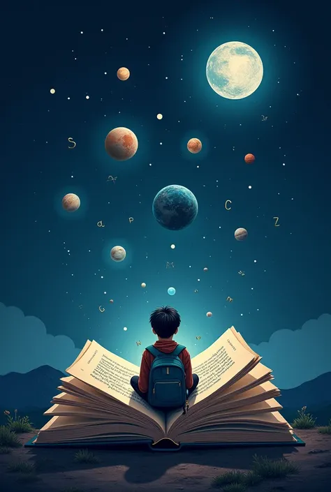 Traveller sitting in moon reading book from which planets come out along with Edge Physics letter by letter.
To Make it as logo for my institute Edge Physics.
Name of institute Edge Physics should me clearly visible. It should be beautiful
