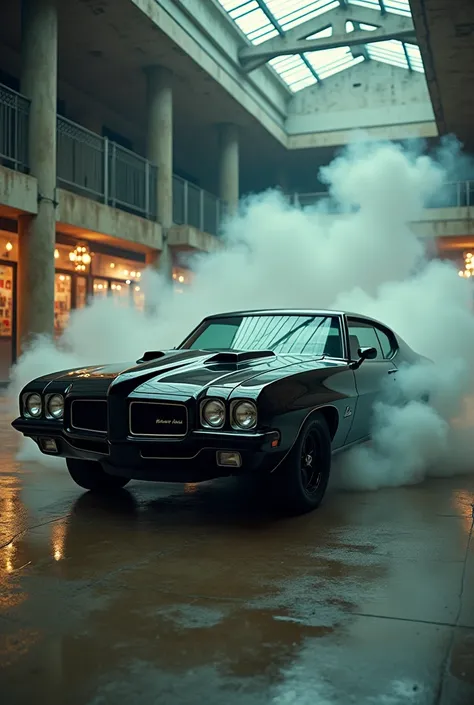 Create an image with the following characteristics: Realistic image 1970 Pontiac Formula 455 in black with 21&#39; wheels. Exhaust pipe with van and dense smoke , bottom: In an abandoned shopping mall , image quality: best quality, aspect ratio: 16:9, Emot...