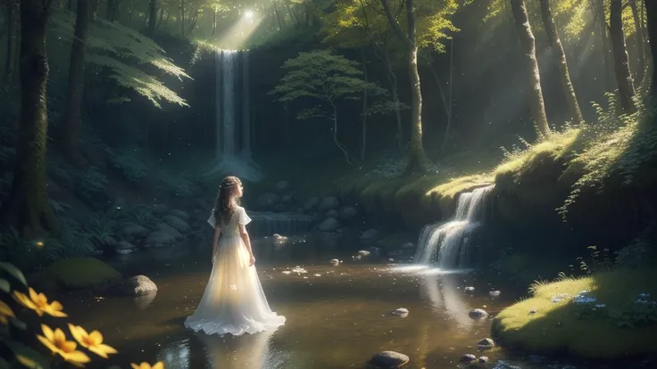 Photo from a drone, light and bright picture, Long shot from a drone, A young, ethereal fairy with long, wavy hair and a light white dress stands barefoot by a stream in an enchanted forest. The sunlight pierces the canopy, illuminating her with a soft gol...