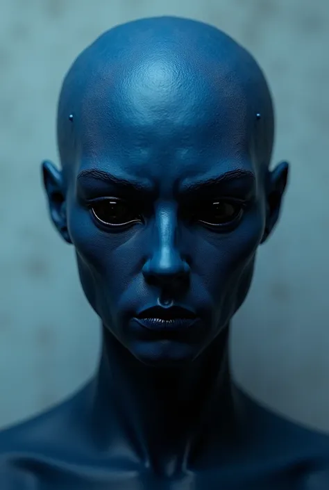 A deep blue mask with a cold, calculating, confused and sad expression