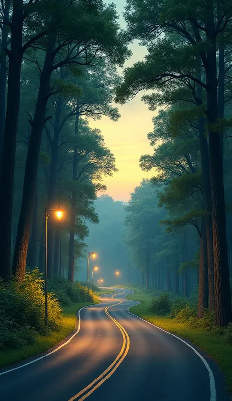 A road with side trees and streets lights 