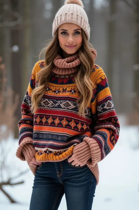 Design a chunky sweater, for woman, with bohemian print fabric, based on winter trends 2025