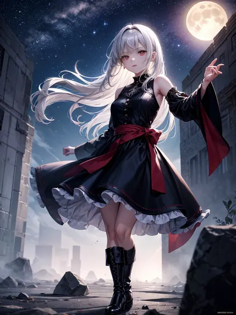 A 20-year-old girl with long silver hair down to her waist, red eyes, and a serious expression. She wears a black dress and tall black boots. Her skin is pale, and her lips are red. She exudes a dark aura. A shadowy monster lurks behind her. She stands in ...