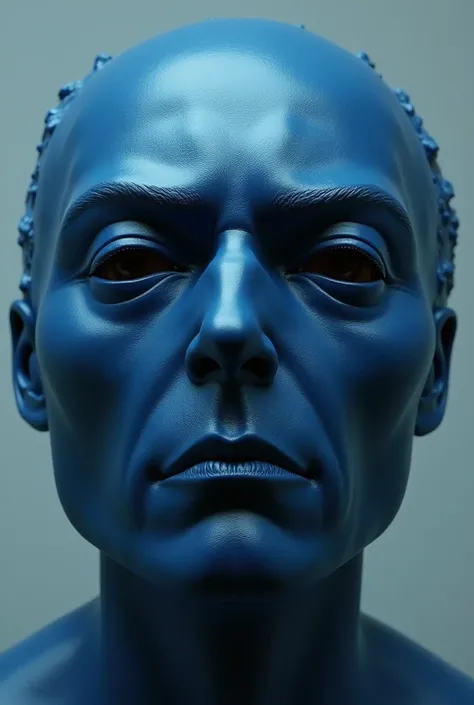 A round circular mask of strong blue color with a cold calculating confused and sad expression