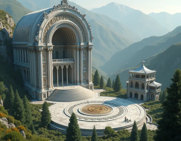 A colossal silver coliseum with magical elements and the symbol of time on the floor, graceful and elegant multi-story house in a valley surrounded by hills