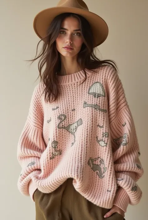 Design a chunky sweater, for woman, with bohemian print fabric with drawings, Pink and beige colors, based on winter trends 2025