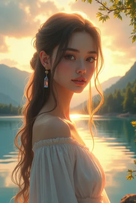 1 girl, serene expression, mesmerizing eyes, straight long hair, flowing dress, poised posture, porcelain skin, subtle blush, crystal pendant BREAK golden hour, (rim lighting):1.2, warm tones, sun flare, soft shadows, vibrant colors, painterly effect, drea...