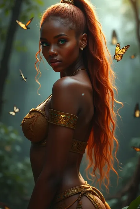 (solo, full body photo:1.3), sexy beautiful black woman, tribal woman, black body, large breasts, big pelvis, totally naked, (action packed:1.3), (haze, fog, mist:1.3), chiaroscuro, best quality, photorealistic, 1woman, (cute), (24yo:1.2), redhead, long gi...