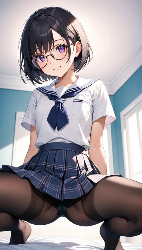 Highest quality、Best image quality、masterpiece、a girl、Beautiful Eyes、black hair, purple eyes、Short bob cut、(sideburns), middle part, (flat chest)、slender、Tight waist、Round Glasses、Beautiful Face、Natural smile、red cheek, school uniform, short sleeve shirt, ...