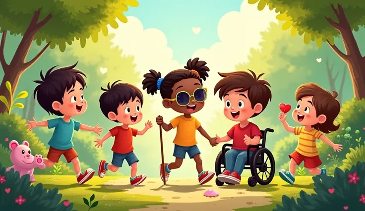 Create a funny cartoon image with happy characters, children of different        ethnicities. Include too blind kid with sunglasses, walking sticks, and one more kid seated on wheelchairs. Include happy animals, and plants. These characters have to be funn...