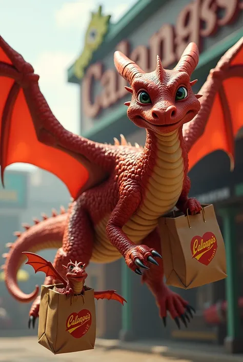 A realistic image of an adult red dragon,flying alongside a baby dragon,both carrying a little bag from a snack bar. These bags have the name CALANGO&#39;S written very clearly.. The adult dragon carries a larger pouch and the baby dragon carries a smaller...