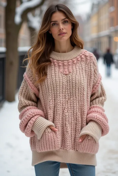 Design a chunky sweater, for woman, with printed and bohemian fabric, Pink and beige colors, based on winter trends 2025