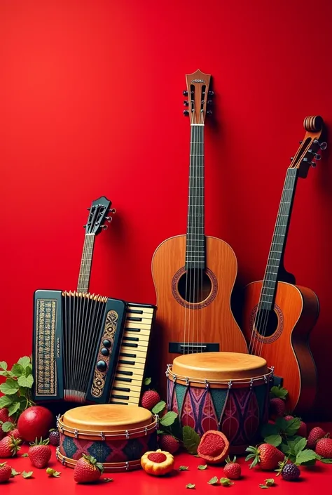 VALLENATA MUSIC INSTRUMENTS WITH RED BACKGROUND 