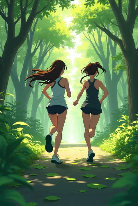 2 Girls from behind anime gym clothes running street covered with green leaves and surrounded by trees 