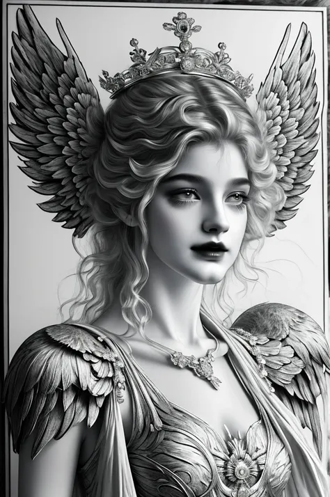 Create a black and white drawing of a half-human body, man and cyborg on the side with demonic wings and angelic wings and a crown and horns and that on the face a psychopathic smile is shown and on the chest it has a tattoo of the Taurus zodiac sign and i...