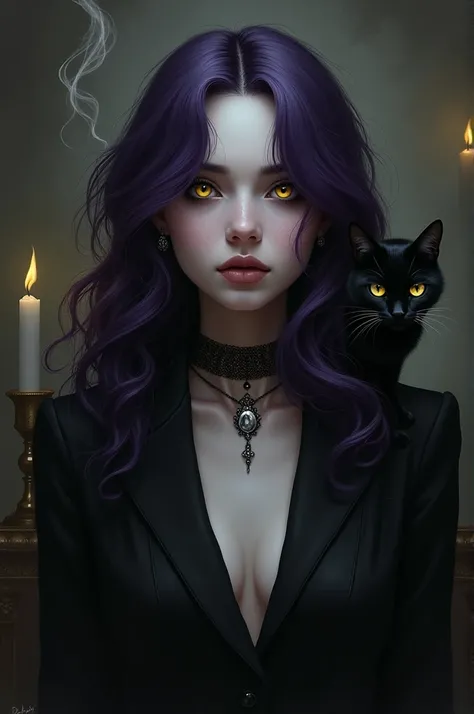 Witchy goth girl with dark purple hair and a tuxedo cat