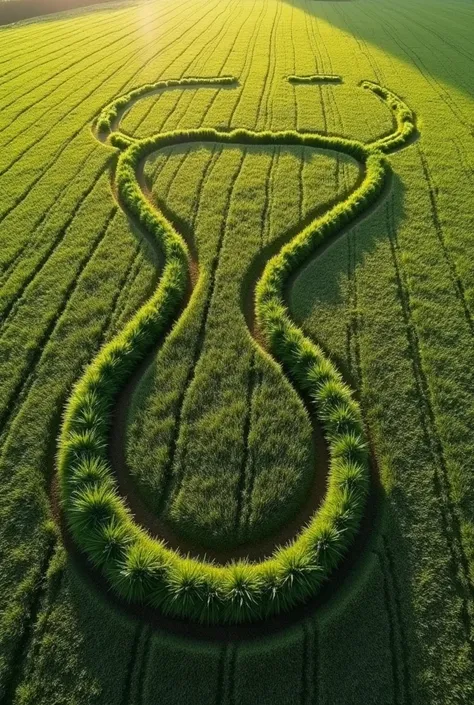 a picture of a crop circle from above. The crop circle is of the form of a stylised penis with three hairs