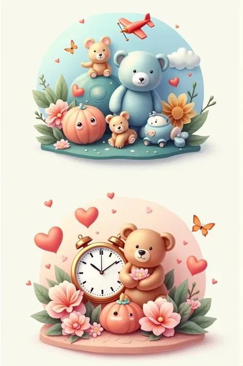 two digital arts for baby shower round buttons. The first button should have the &#39;Time Boy&#39; theme with a blue color palette and elements like cars, planes or teddy bears. The second button should have a &#39;Time Girl&#39; theme with a pink color p...