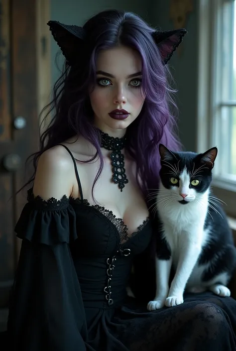 Witchy goth girl with dark purple hair and a black and white cat